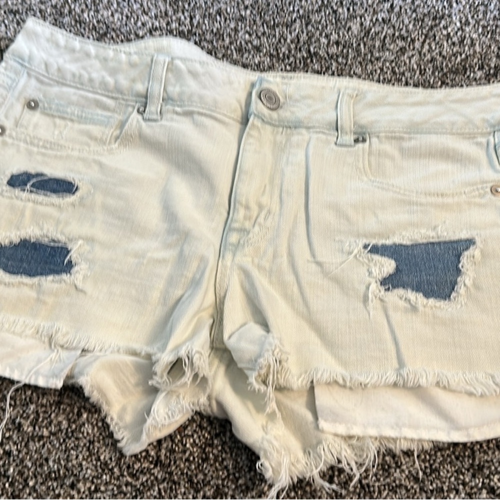 Distressed Cream Denim Shorts